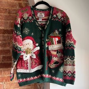 Vintage NWT Tiara Ugly Santa Christmas sweater cardigan beaded RARE